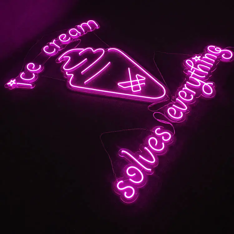 Neon light personalizado cones acrílicos feitos da china rosa sorvete aberto sinais neon para casa e bar
