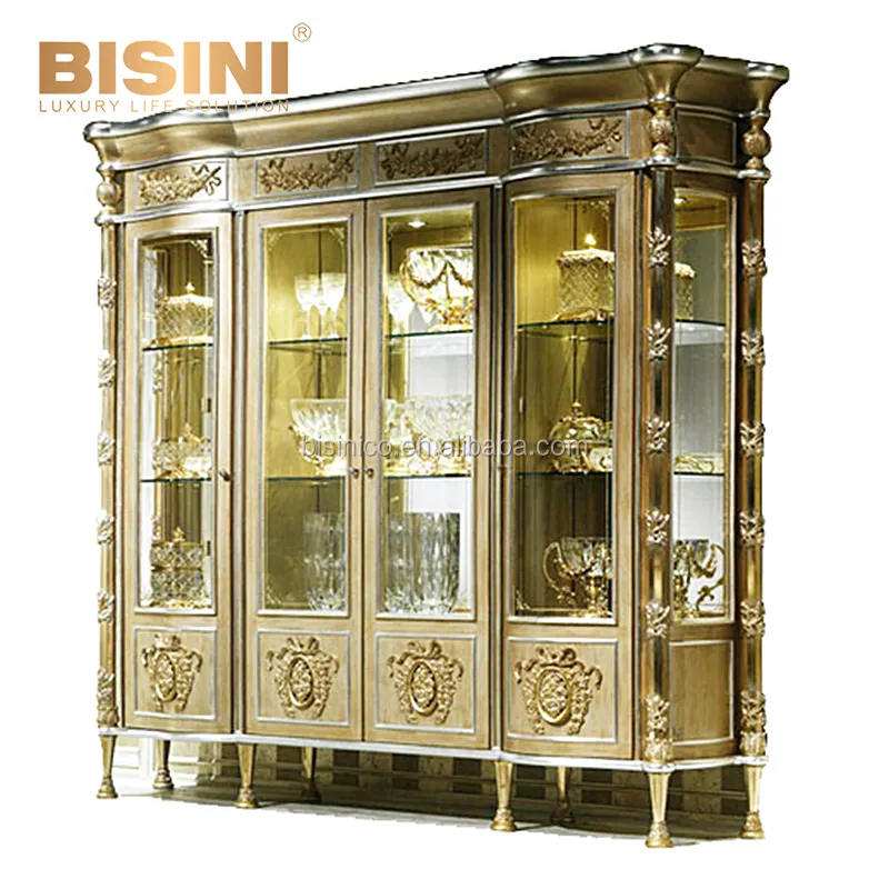 Royal Imperial Designer Antique Gold Floral Column Ornate 4 Door Hutch Vitrine China Cabinet Credenza