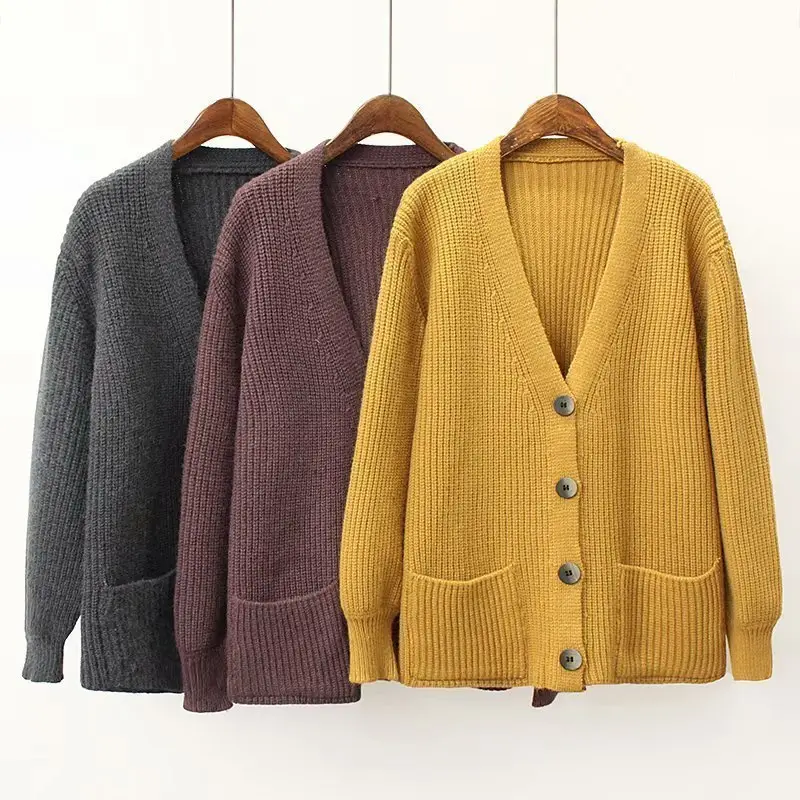 Cardigan ample et décontracté vec col en V pour femme, manteau d'extérieur avec boutonnage simple, pull, couleur unie, collection