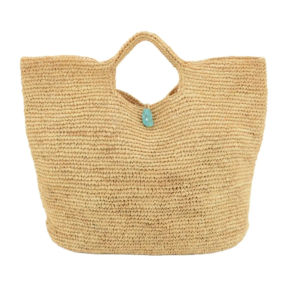 Bolso grande de paja de rafia de ganchillo hecho a mano con cierre de piedra OEM cuero bohemio moda mujer Vintage estilo casual verano