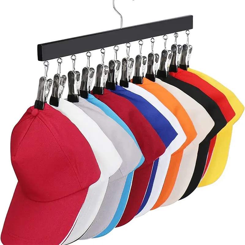 DS3035 Baseball Hat Holder Wood Hat Organizer Racks for Baseball Caps with 10 Clips Coat Hook Wooden Hat Hangers for Closet
