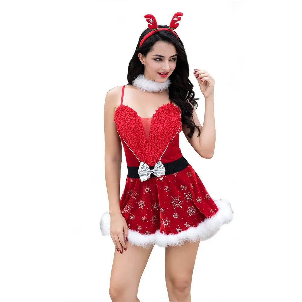 Mulheres Traje Cocar Cinto Colarinho T-Back Vermelho Senhoras Vestido Sexy Do Natal de Santa Outfit