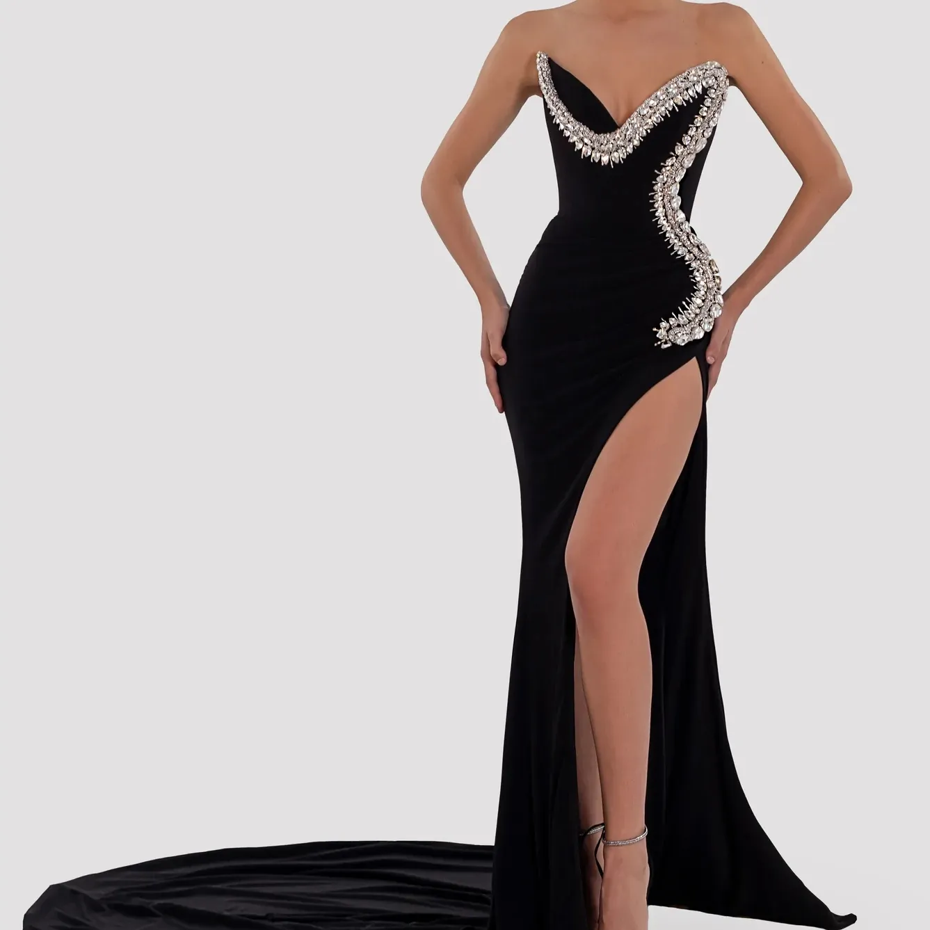 ED2402 siyah yüksek yarık elmas elbise kadife akşam Maxi elbise balo elbisesi kadınlar için abiye seksi lüks