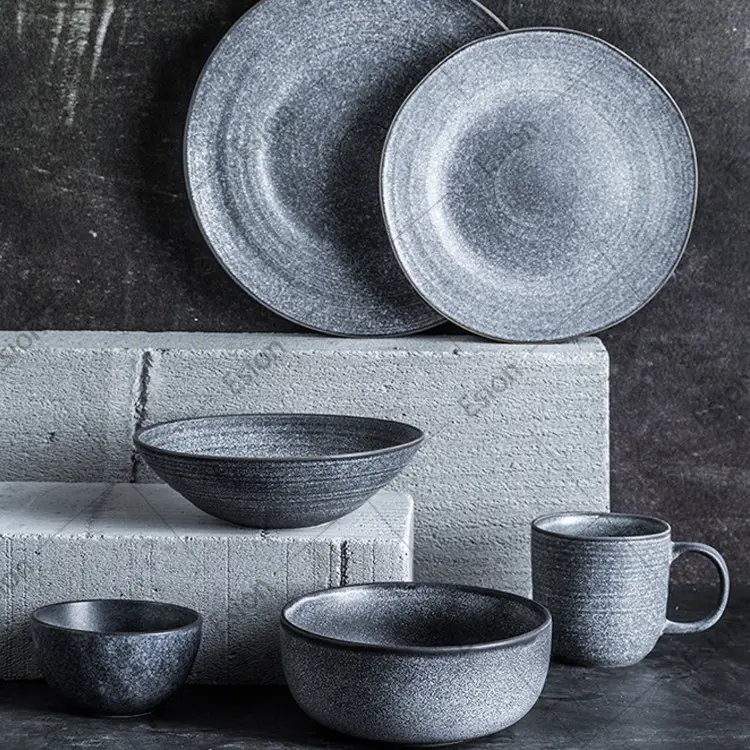 Ceramic matt black dinner plates set price 2021 new style porcelain dinner sets restaurant crockery dinnerwares