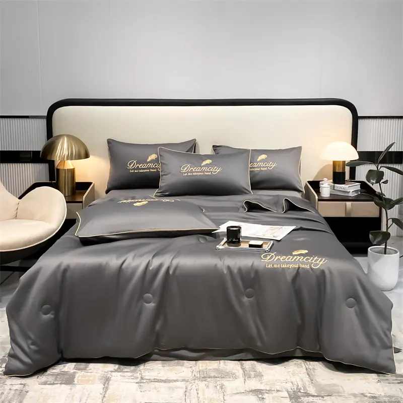 Luxury Embroidery Satin Silk 4 Piece Quilted Bedsheet Bedding Set Filling With Silky Cotton Bed Sheets Set