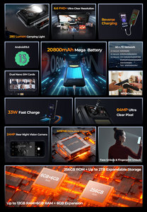 안드로이드 13 견고한 스마트 폰 6 + 256GB 옥타 코라 20800mAh 캠핑 라이트 야간 투시경 카메라 33W 고속 충전기 모바일 HOTWAV W11 - Product Image 5
