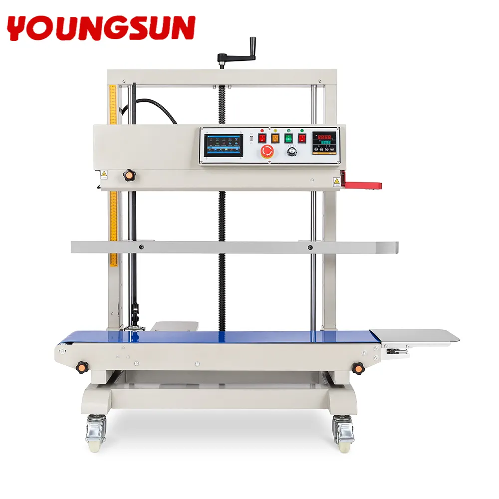 Máquina de sellado de bolsas grandes YOUNGSUN, máquina de sellado de impresión de inyección de tinta, sellador de banda de bolsas de plástico de calor continuo Vertical