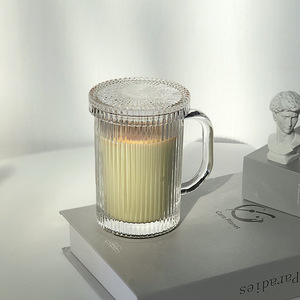Ins tarzı basit dikey şerit kahve cam kupa kulplu fincan ve kapak latte işareti su bardağı kurşunsuz cam - Product Image 4