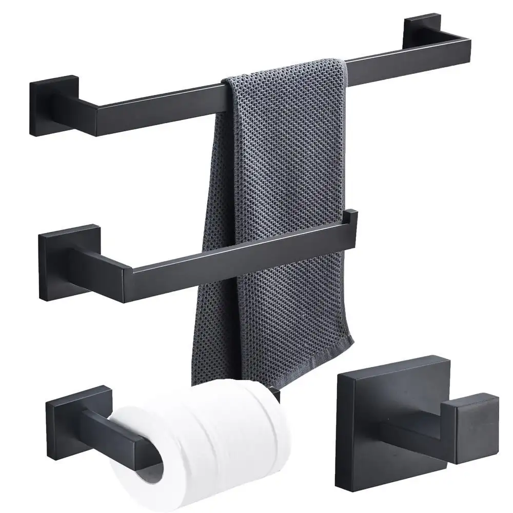 Hotel modern wall mounted quatro peças de aço inoxidável preto fosco banheiro acessórios do banheiro set