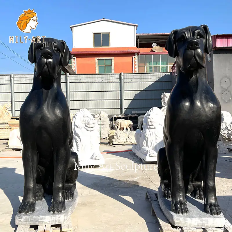 Casa decorativa tamanho de vida escultura de cão, mármore preto grande dinamarquês estátua de cão para jardim