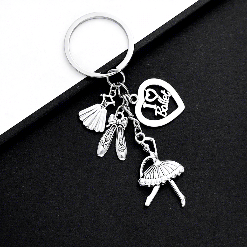 1 antique silver ballet girl dance shoe dress heart keychain