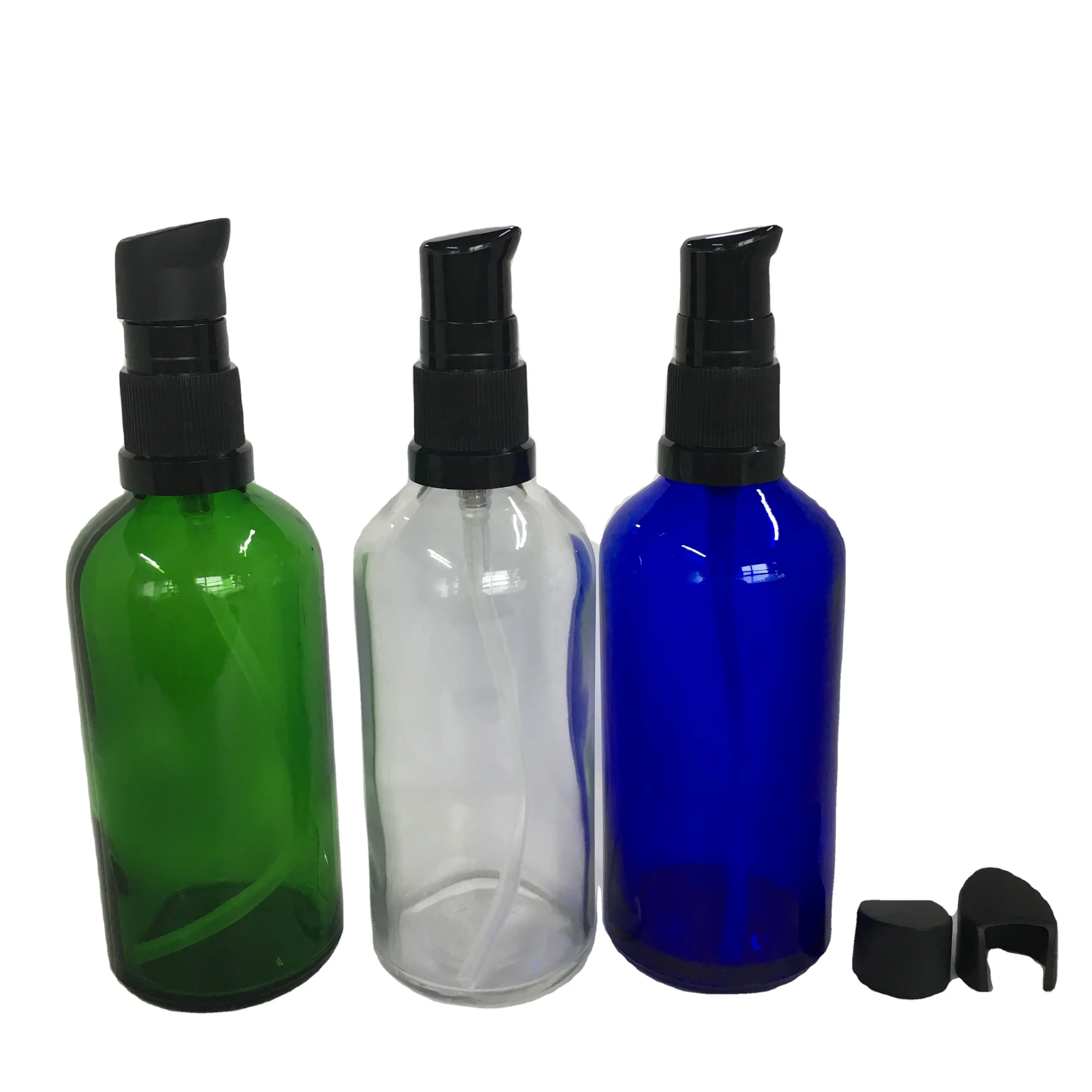 Garrafa de óleo essencial de vidro verde 100 ml, frasco de vidro verde com bomba para creme facial, vidro spray de perfume