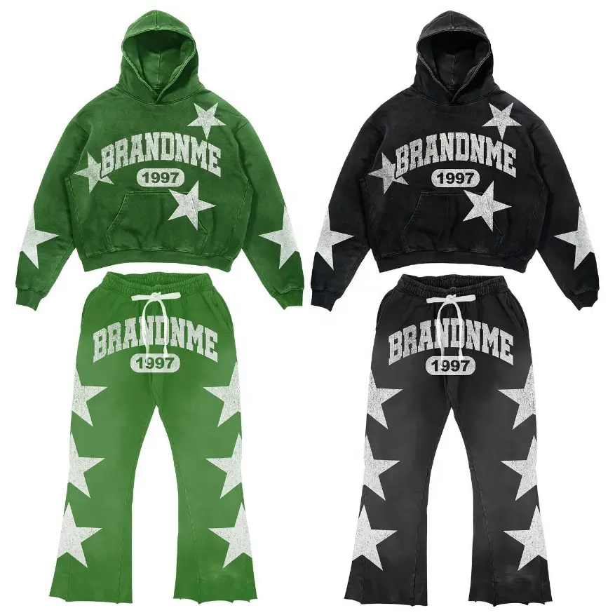 Fabricantes de ouro para roupas alfandegárias serigrafia empilhados calças suor sweatsuit queimado moletom e conjuntos hoodie