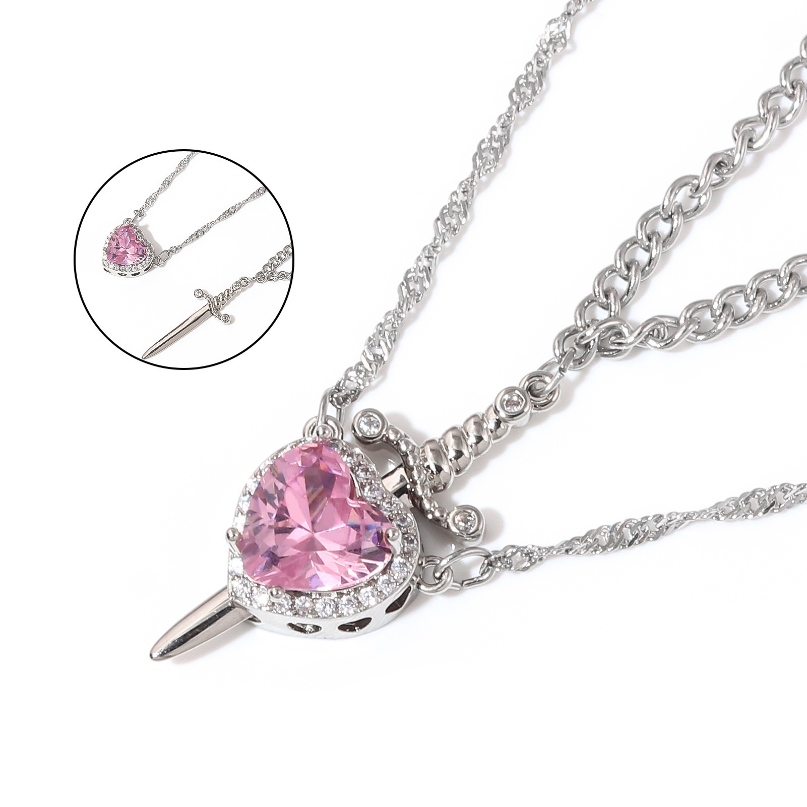 Silver&Pink - iron chain, zinc alloy pendant