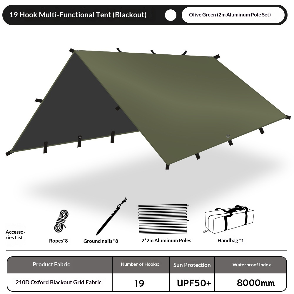 Tissu Oxford 210D vert olive, mât en aluminium de 2 m, 19 mm