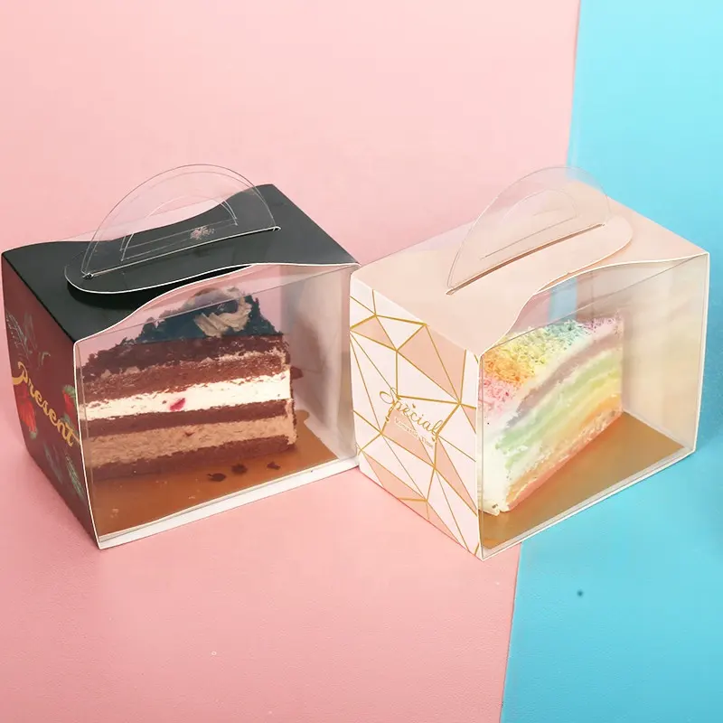 Embalagem portátil transparente para bolos, caixa transparente de empacotamento do bolo do triângulo com alça, impressão oem