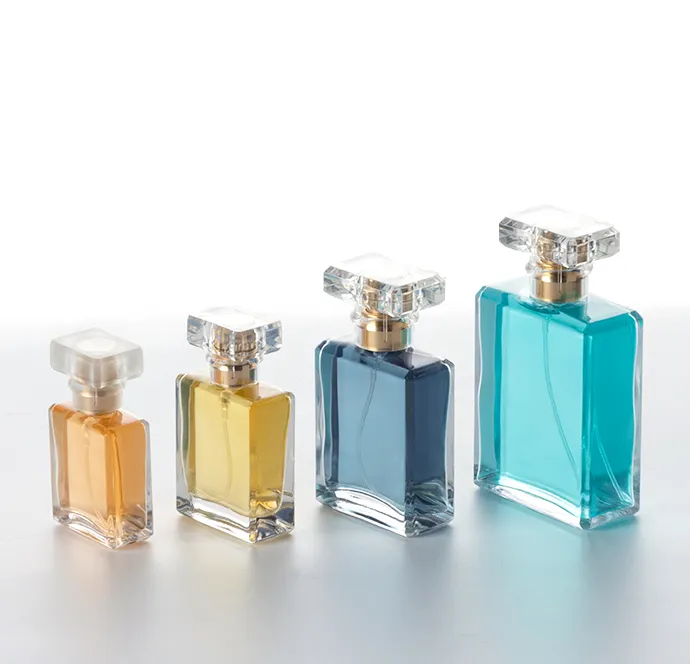 Venta al por mayor de lujo cuadrado clear20ml 30Ml 50ml 100mL botellas de vidrio de Perfume botellas de perfume de vidrio en aerosol botella de vidrio