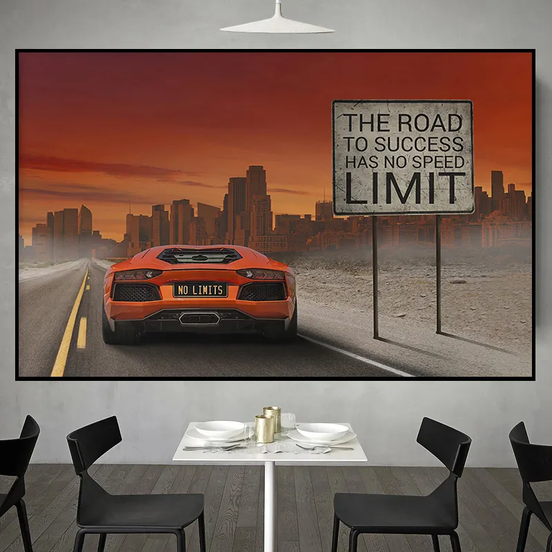 Pintura de pared sobre lienzo para decoración del hogar, cuadro decorativo con frase THE RODE TO SUCCESS NO tiene límite de velocidad