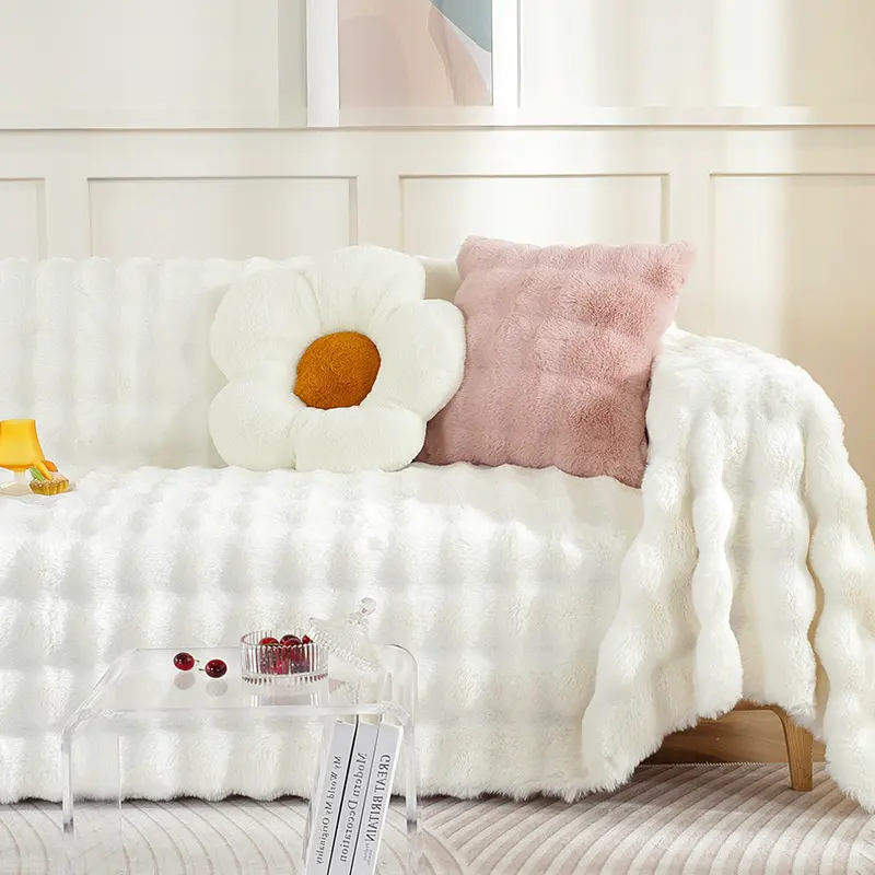 polyester FAUX Fur Bubble Rabbit velvet plush solid color warm winter sofa cover soft slipcover pillowcase 2PCSset