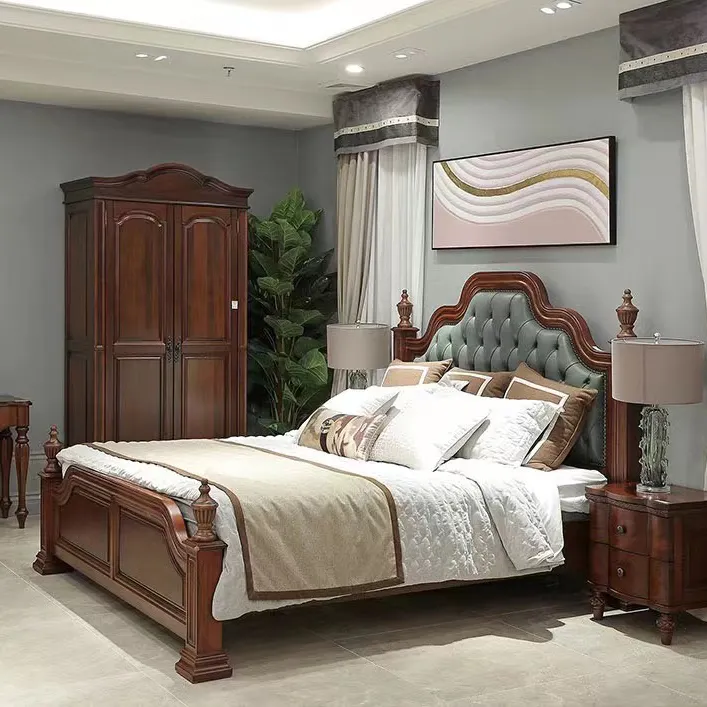 Cama de madeira lisa estilo minimalista, cama americana de luxo com estilo vintage