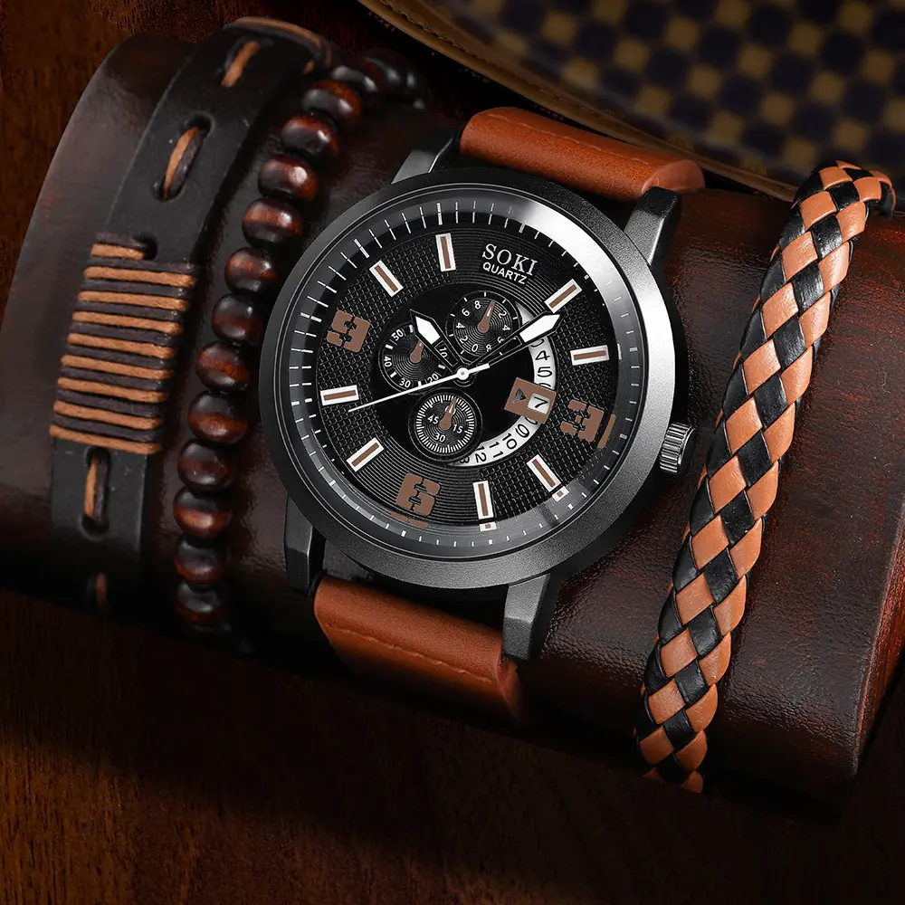 SOKI Uhren-Set für Herren 4-teilig Uhren mit Armband Schlussverkauf Herren-Geschenk-Set Mode Perlenarmreif + Quarz-Uhren-Set Geschenk Mann