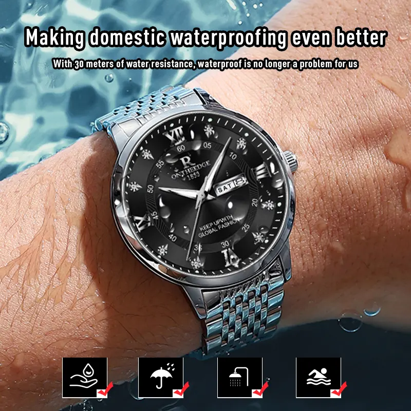 R ONTHEEDGE Luxury Rome Face Men's Quartz Wristwatch Waterproof Luminous Business Men Watch with Stainless Steel Dual Calendar