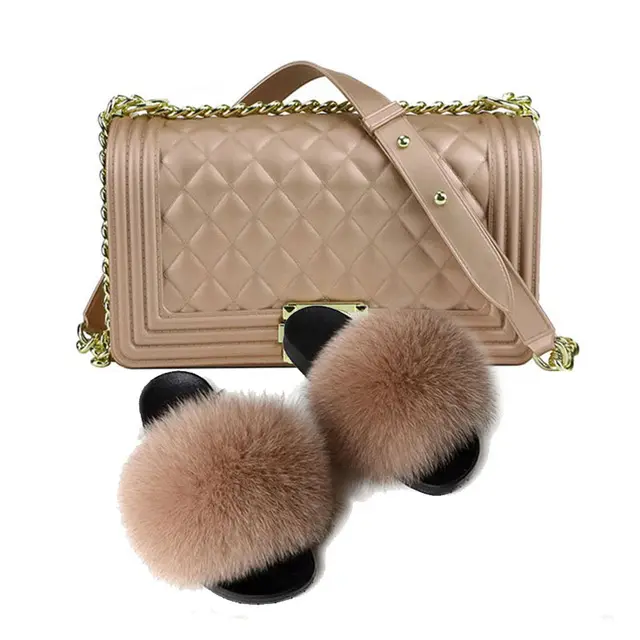 Real Fox Fur Slippers Rainbow Jelly Bags Set Women Fur Slides Fluffy Fur Flip Flops Graffiti Handbag Fashion Travel Furry Shoes