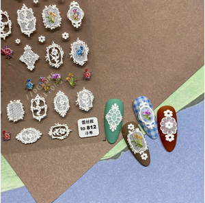 To813 2025 cứu trợ các mặt hàng nóng dính ủng hộ dễ thương Nhật Bản Phong Cách 5D nhỏ ren khung móng tay dán - Product Image 5