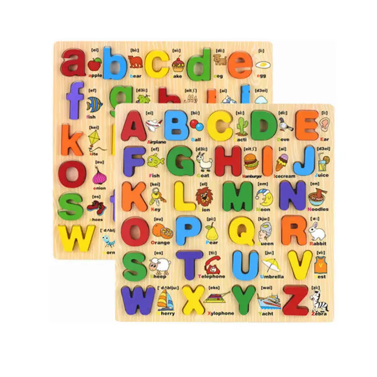 卸売キッズ早期教育認知カスタム木製アルファベット文字パズル木製アルファベットパズルおもちゃ