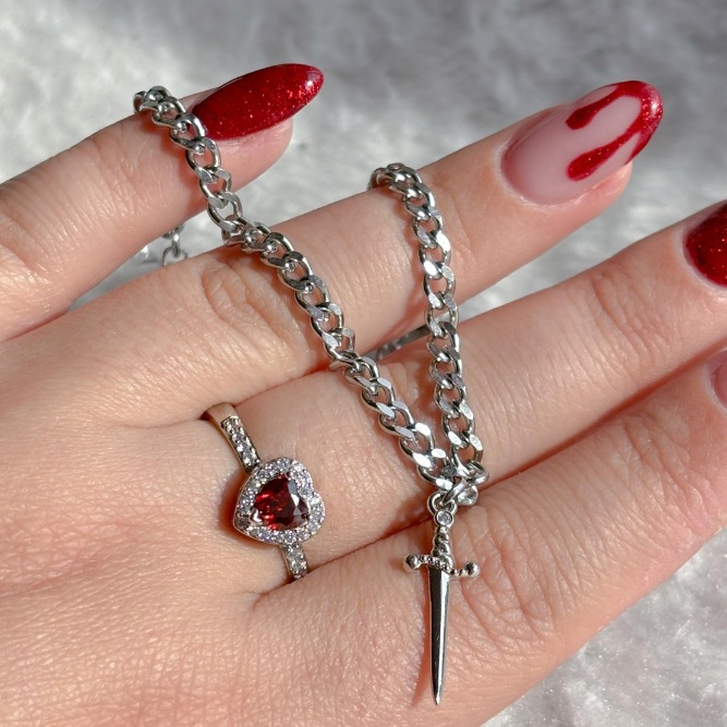 silver ring and silver bracelet - iron chain, zinc alloy pendant
