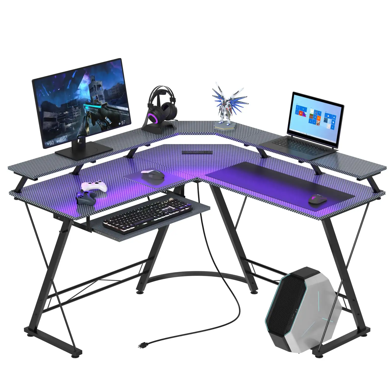 Modern L-Shape Gaming Table Carbon Fiber Desktop Corner Computer Desk Wooden Material Convertible Feature Power Socket Keyboard