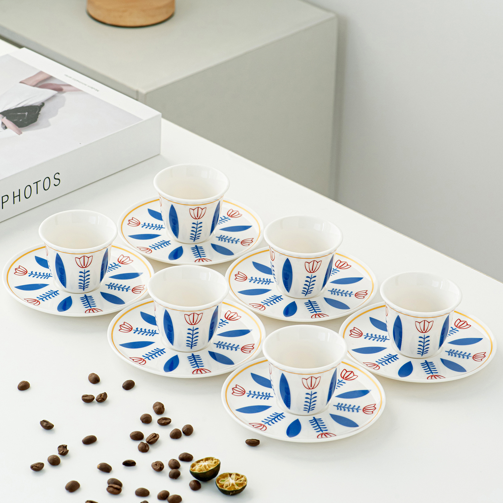 Bleu-6 tasses 6 assiettes