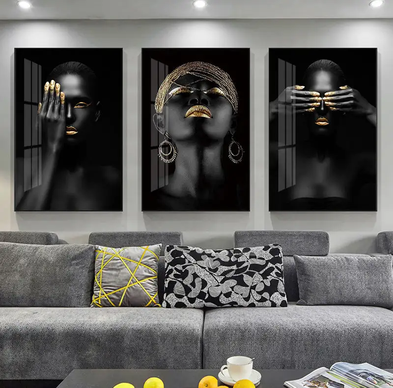 Zwart Goud Afrikaanse Moderne Zwarte Schoonheid Nordic Glas Luxe Afrikaanse Vrouw Kristallen Porselein Muurschildering