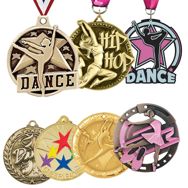 Desain kustom medali emas perak senam cheerleader klub dansa 3d medali dengan pita