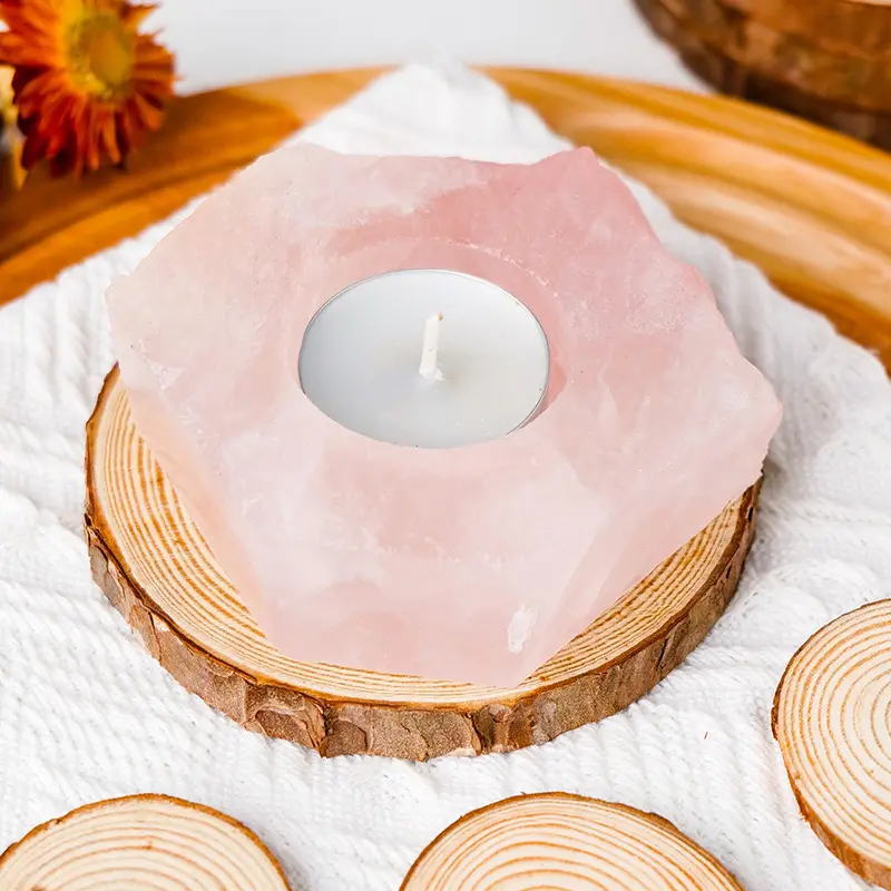 Candelabro in Selenite naturale con pietra preziosa per tè e luce ruvida Fluorite al quarzo rosa