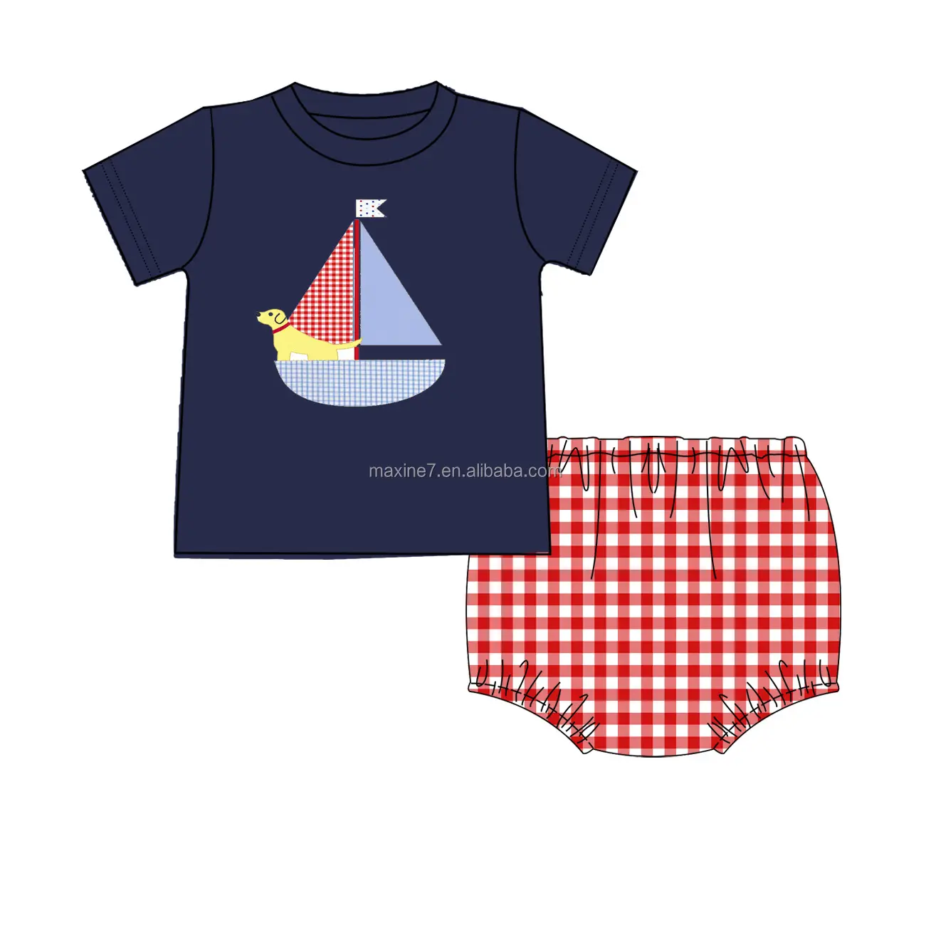 夏の子供服ブティックアメリカ7月4日男の子のアップリケシャツと短い衣装