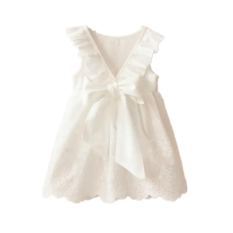 Новинка лета 2023, платья для дня рождения из чистого белого хлопка с кружевом и бантом для маленьких девочек 5 лет