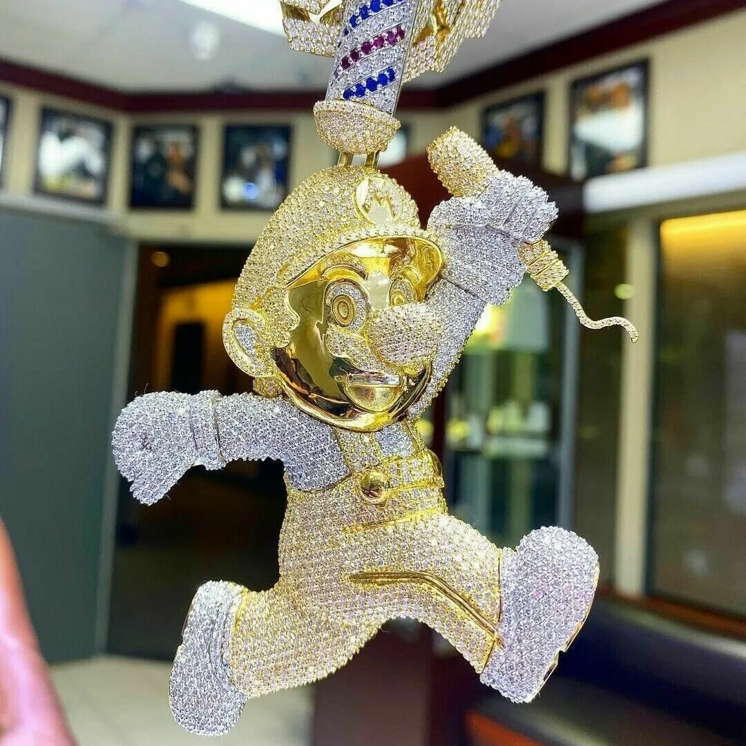 Custom Vvsเครื่องทดสอบเพชรMoissanite 3D Super Marioการ์ตูนจี้Iced Out Hip Hopสไตล์เพชรจี้เงิน 925 สําหรับชาย