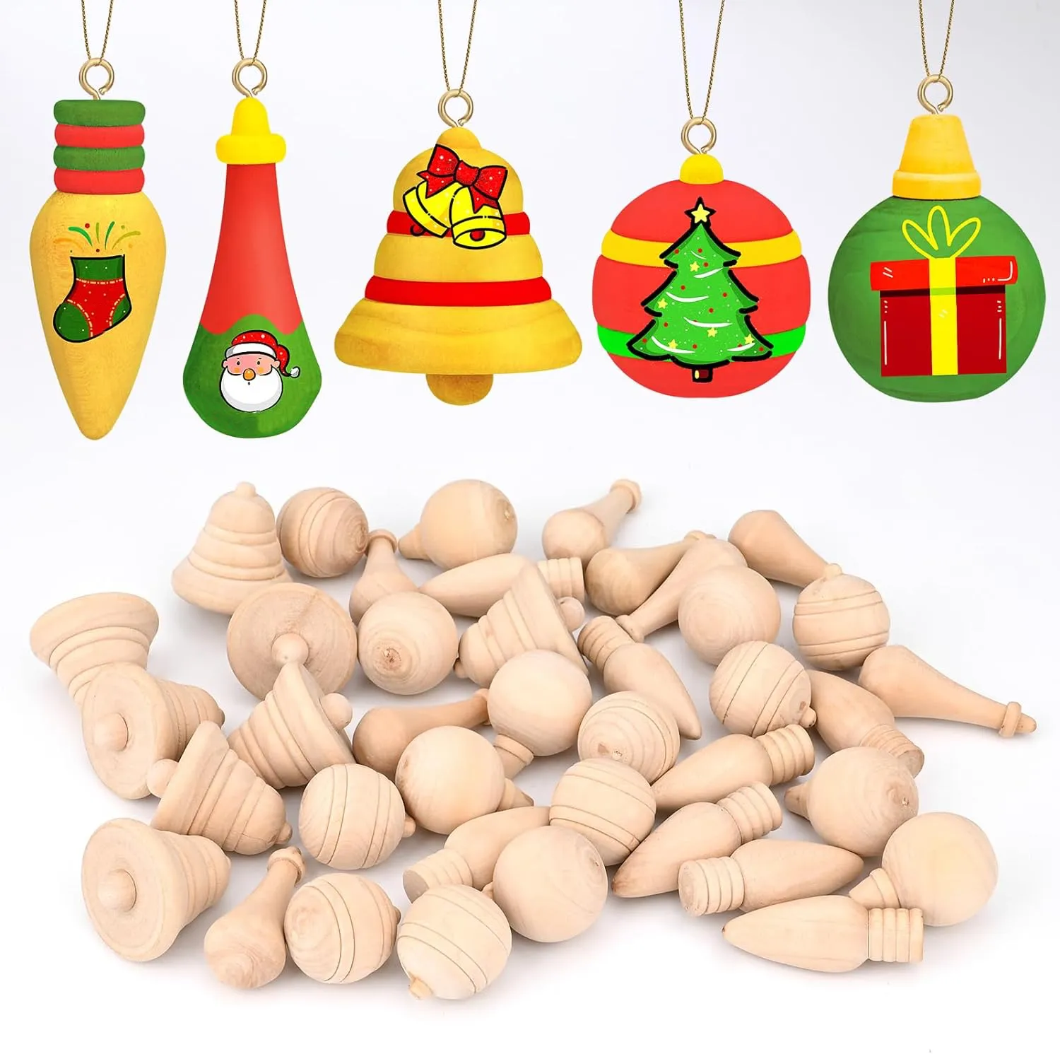 5PCS Campanas y bolas de madera natural sin terminar para la decoración del árbol de Navidad con cuerda colgante para la decoración de la fiesta