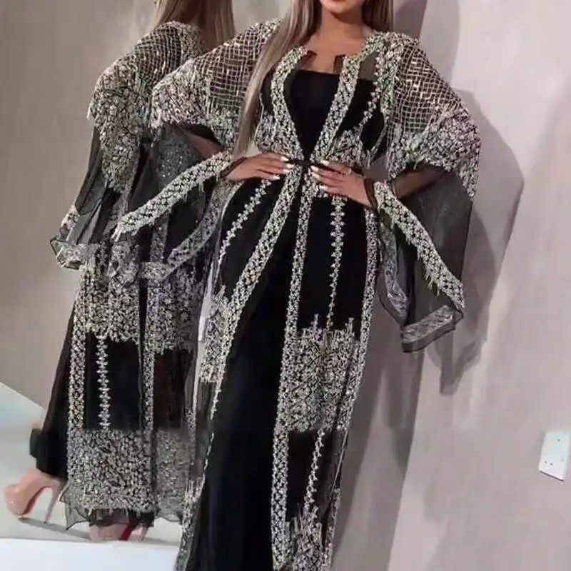 Caftan robes de soirée eid pour fille Dubai luxe paillettes broderie dentelle robe abaya femmes robe musulmane 2022 dubai est noir