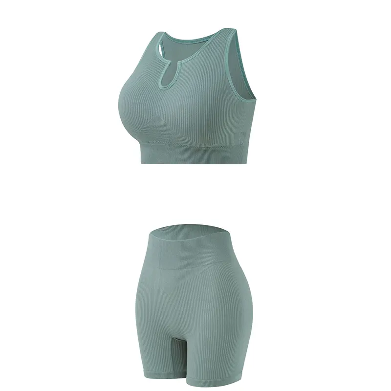 Conjunto de sutiãs esportivos sem costura para mulheres, roupa íntima sem fio com nervuras, sutiã sem costura para cintura alta e shorts