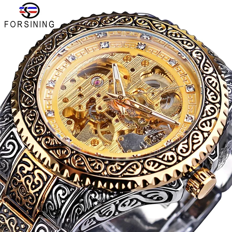 Forsining Fashion Heren Automatisch Mechanisch Polshorloge Waterdicht Rvs Diamond Horloge Gouden Heren Klok Vintage Reloj
