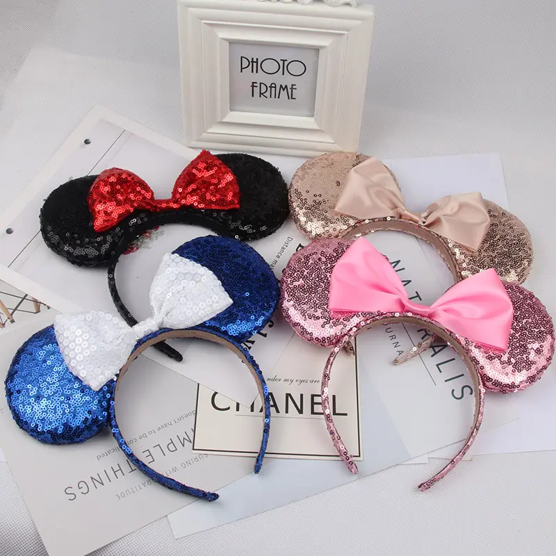 Designer Fashion Bow Sequin Headband Baby Girls Handmade Pretty Anime Mouse Ears Headbands For Kids