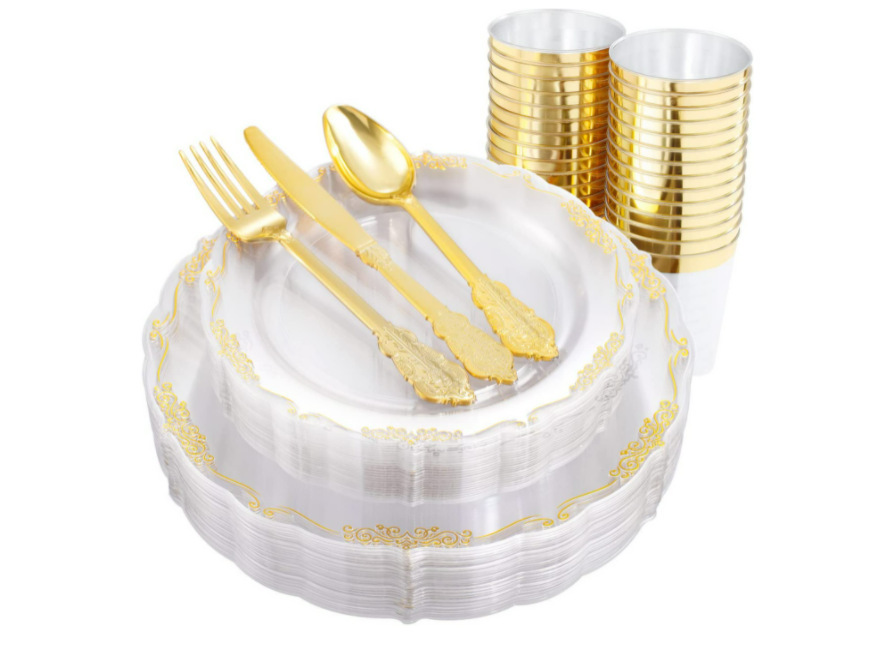Assiette en dentelle transparente bronzante 175 pièces avec serviettes en papier