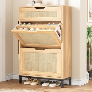Wholesale Compartments Modern 3 Layers Flip Wooden Rattan Shoe Cabinet Rack Organizer Space Saving for <strong>Entry</strong> - Product Image 1