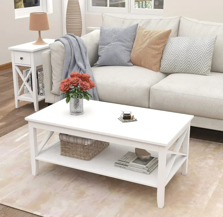 Tavolino bianco in legno massello con gambe più spesse, tavolino da caffè in legno nero con deposito per soggiorno