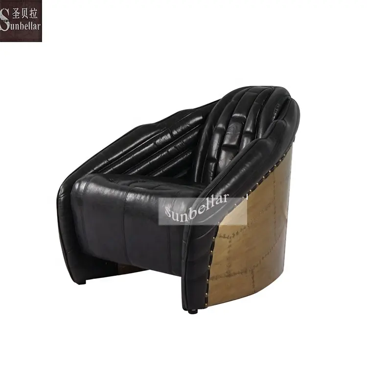 Sillón de cuero negro de estilo aviador, mueble de aviación, silla antigua Retro de cuero genuino de aluminio, tumbona tomcat