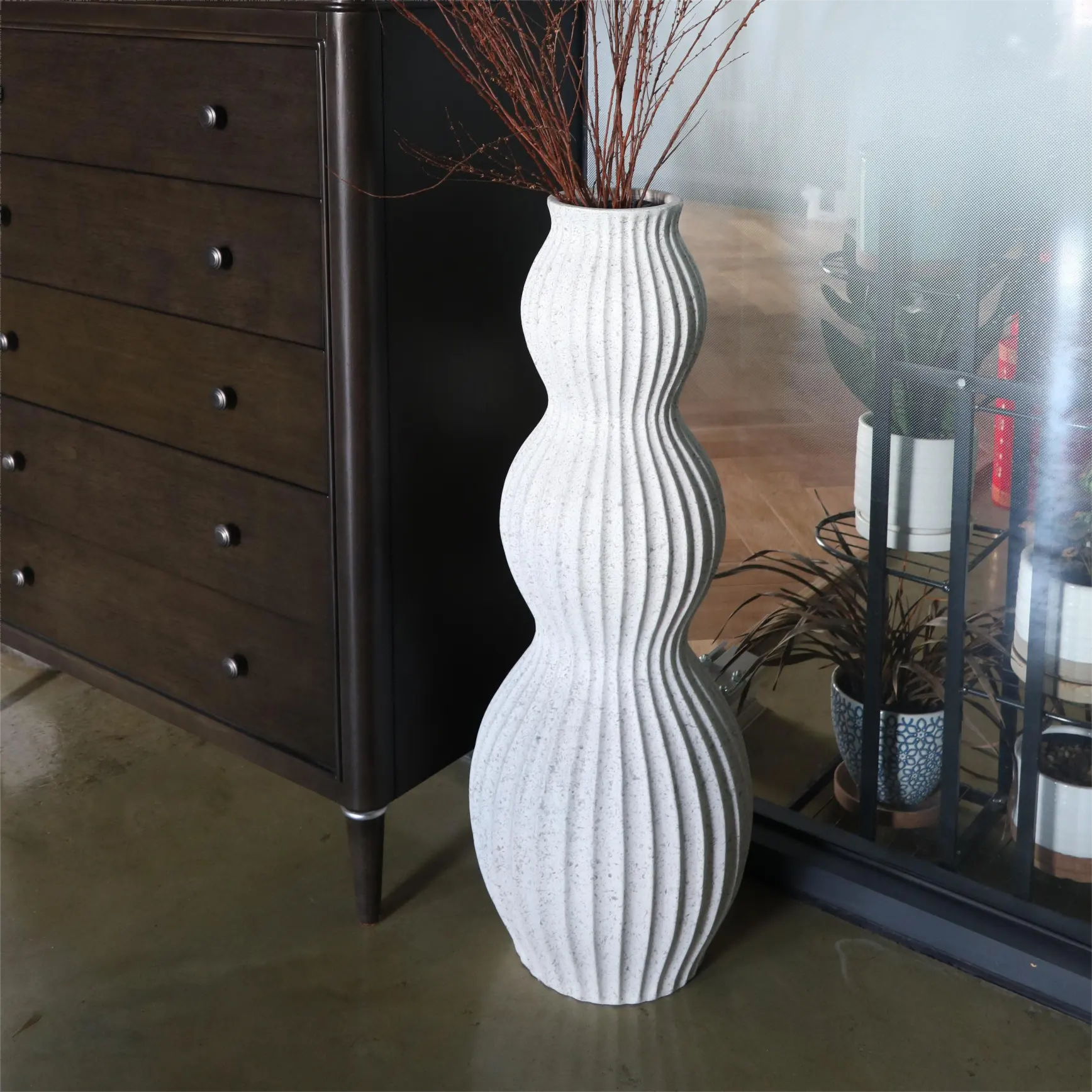 Florero de fibra de vidrio para decoración del hogar, jarrón nórdico en forma de calabaza para suelo de arcilla Ficonstone, 90/120cm de altura, OEM/ODM