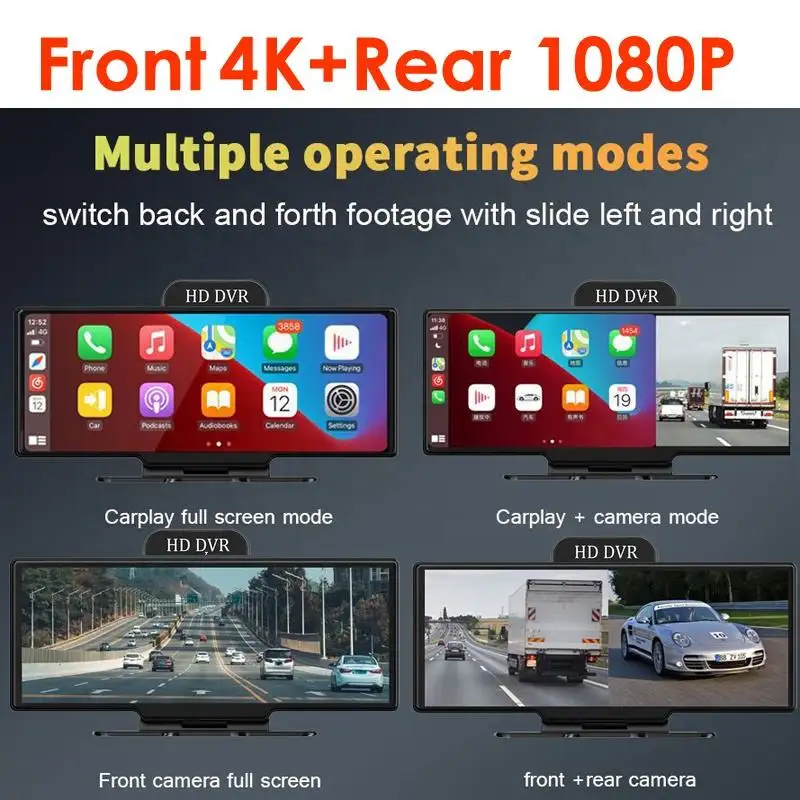 Không dây Carplay 4k Dash Cam 10.26 ''Màn hình cảm ứng tự động xe kép Wifi FM 1080P sao lưu máy ảnh xe DVR Máy ảnh