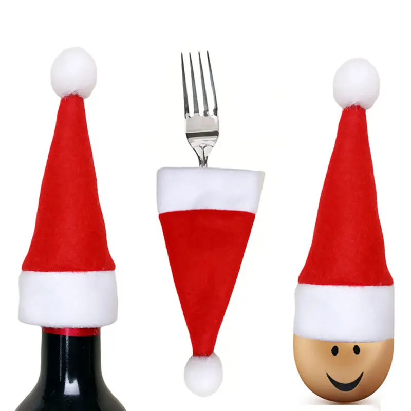 क्रिसमस शराब की बोतल से सजाया गया मिनी क्रिसमस टोपी कटलरी चाकू और फोर्क बैग गैर बुना लाल शराब की बोतल टोपी
